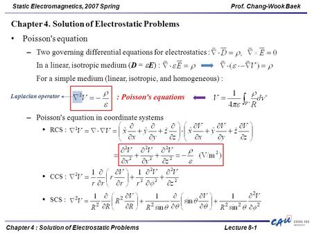 Chapter 4 : Solution of Electrostatic ProblemsLecture 8-1 Static Electromagnetics, 2007 SpringProf. Chang-Wook Baek Chapter 4. Solution of Electrostatic.