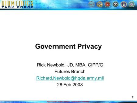 Approved for Public Release. Distribution Unlimited. 1 Government Privacy Rick Newbold, JD, MBA, CIPP/G Futures Branch 28.