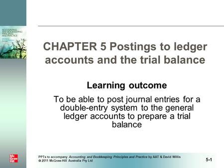 PPTs to accompany Accounting and Bookkeeping Principles and Practice by AAT & David Willis  2011 McGraw-Hill Australia Pty Ltd CHAPTER 5 Postings to ledger.