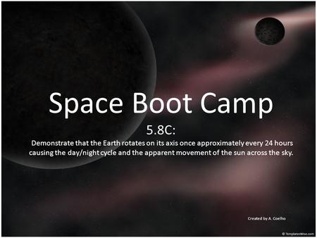 Space Boot Camp 5.8C: Demonstrate that the Earth rotates on its axis once approximately every 24 hours causing the day/night cycle and the apparent movement.