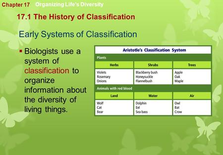 Early Systems of Classification  Biologists use a system of classification to organize information about the diversity of living things. 17.1 The History.