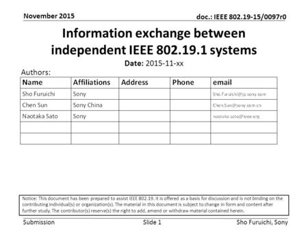 Submission doc.: IEEE 802.19-15/0097r0 November 2015 Sho Furuichi, SonySlide 1 Information exchange between independent IEEE 802.19.1 systems Date: 2015-11-xx.