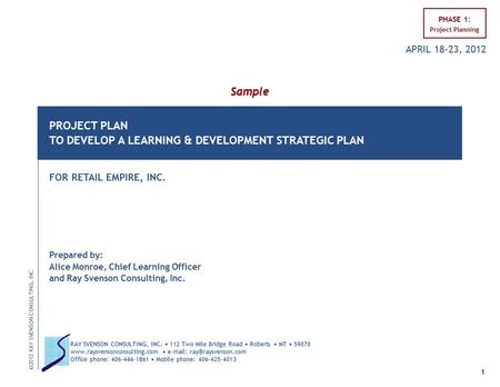 APRIL 18-23, 2012 PROJECT PLAN TO DEVELOP A LEARNING & DEVELOPMENT STRATEGIC PLAN FOR RETAIL EMPIRE, INC. Prepared by: Alice Monroe, Chief Learning Officer.
