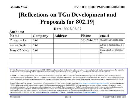 Doc.: IEEE 802.19-05-0008-00-0000 Submission Month Year Changwen Liu et al, IntelSlide 1 [Reflections on TGn Development and Proposals for 802.19] Notice: