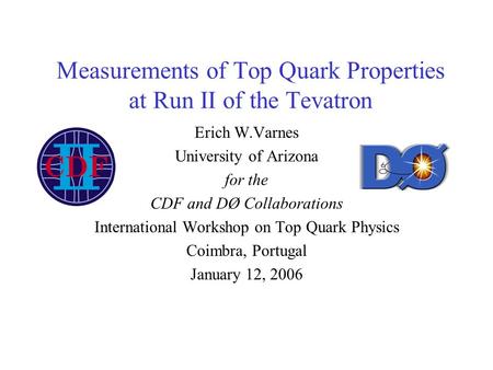 Measurements of Top Quark Properties at Run II of the Tevatron Erich W.Varnes University of Arizona for the CDF and DØ Collaborations International Workshop.