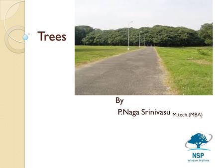 Trees By P.Naga Srinivasu M.tech,(MBA). Basic Tree Concepts A tree consists of finite set of elements, called nodes, and a finite set of directed lines.