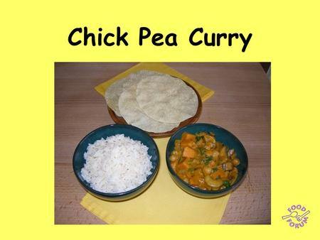 Chick Pea Curry. Ingredients:1 red onion, 100g mushrooms, 1 clove garlic, 1 sweet potato, 100g spinach, 1 x 240g can chickpeas, 50g cashew nuts, 2 x 15ml.