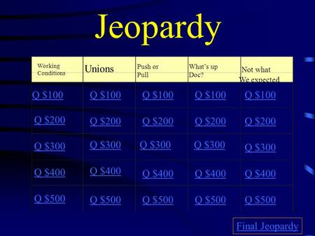 Jeopardy Working Conditions Unions Push or Pull What’s up Doc? Not what We expected Q $100 Q $200 Q $300 Q $400 Q $500 Q $100 Q $200 Q $300 Q $400 Q $500.