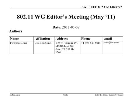 Submission doc.: IEEE 802.11-11/0497r2 Slide 1 802.11 WG Editor’s Meeting (May ‘11) Date: 2011-05-08 Authors: Peter Ecclesine (Cisco Systems)