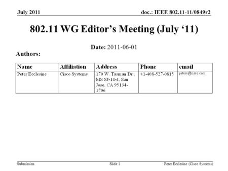 Submission doc.: IEEE 802.11-11/0849r2 Slide 1 802.11 WG Editor’s Meeting (July ‘11) Date: 2011-06-01 Authors: Peter Ecclesine (Cisco Systems) July 2011.