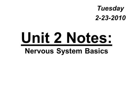 Unit 2 Notes: Nervous System Basics Tuesday 2-23-2010.