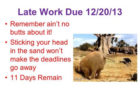Late Work Due 12/20/13 Remember ain’t no butts about it! Sticking your head in the sand won’t make the deadlines go away 11 Days Remain.