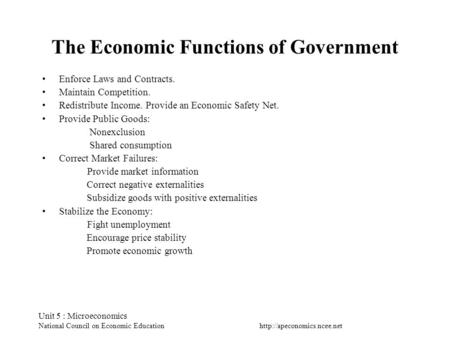 Unit 5 : Microeconomics National Council on Economic Education The Economic Functions of Government Enforce Laws and Contracts.