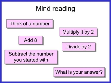 Think of a number Multiply it by 2 Add 8 Divide by 2 Subtract the number you started with What is your answer? Mind reading.