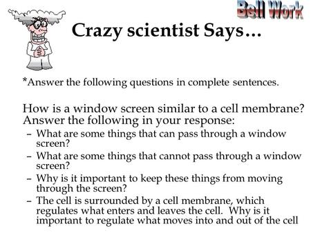 Crazy scientist Says… * Answer the following questions in complete sentences. How is a window screen similar to a cell membrane? Answer the following in.