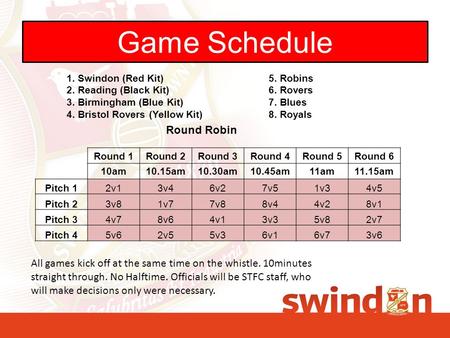 Game Schedule 1. Swindon (Red Kit) 2. Reading (Black Kit) 3. Birmingham (Blue Kit) 4. Bristol Rovers (Yellow Kit) 5. Robins 6. Rovers 7. Blues 8. Royals.