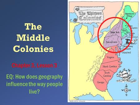 The Middle Colonies Chapter 3, Lesson 3 EQ: How does geography influence the way people live?