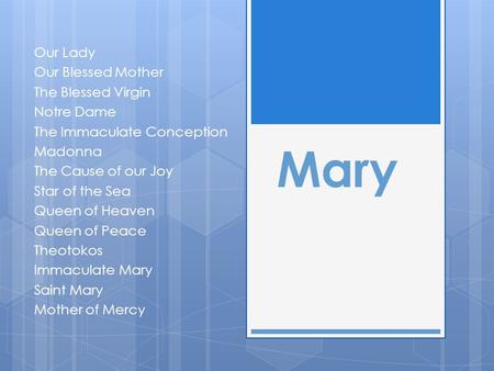 Mary Our Lady Our Blessed Mother The Blessed Virgin Notre Dame The Immaculate Conception Madonna The Cause of our Joy Star of the Sea Queen of Heaven Queen.