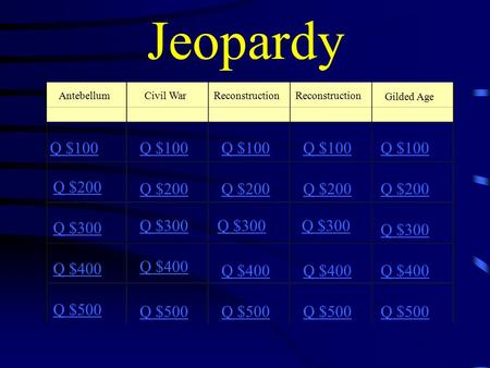Jeopardy AntebellumCivil WarReconstruction Gilded Age Q $100 Q $200 Q $300 Q $400 Q $500 Q $100 Q $200 Q $300 Q $400 Q $500.