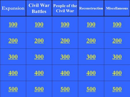 200 300 400 500 100 200 300 400 500 100 200 300 400 500 100 200 300 400 500 100 200 300 400 500 100 Expansion Civil War Battles People of the Civil War.