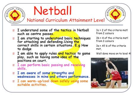 3  I understand some of the tactics in Netball such as centre passes.  I am starting to understand basic techniques for attacking and defending.Using.
