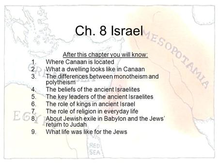 Ch. 8 Israel After this chapter you will know: 1.Where Canaan is located 2.What a dwelling looks like in Canaan 3.The differences between monotheism and.