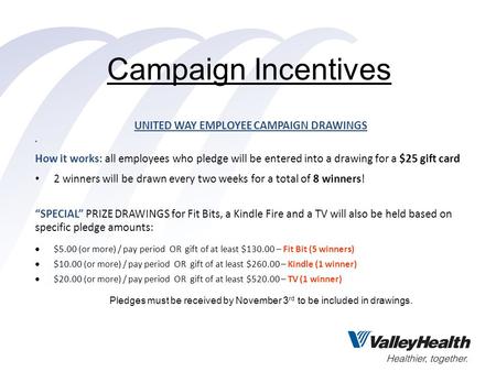 Campaign Incentives UNITED WAY EMPLOYEE CAMPAIGN DRAWINGS How it works: all employees who pledge will be entered into a drawing for a $25 gift card 2 winners.