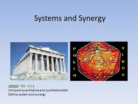 Systems and Synergy SWBAT: 9/1 1.1.1 Compare quantitative and qualitative data Define system and synergy.
