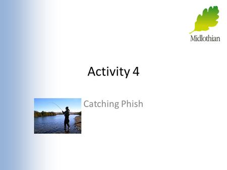 Activity 4 Catching Phish. Fishing If I went fishing what would I be doing? On the Internet fishing (phishing) is similar!