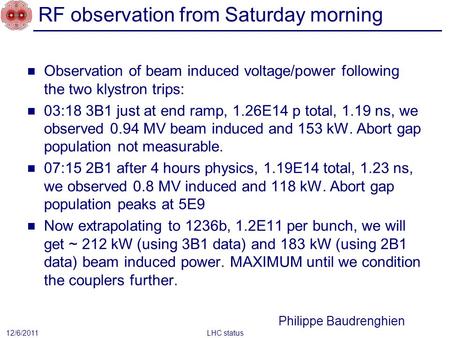 RF observation from Saturday morning Observation of beam induced voltage/power following the two klystron trips: 03:18 3B1 just at end ramp, 1.26E14 p.