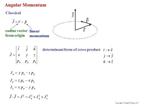 Angular Momentum Classical radius vector from origin linear momentum determinant form of cross product Copyright – Michael D. Fayer, 2007.