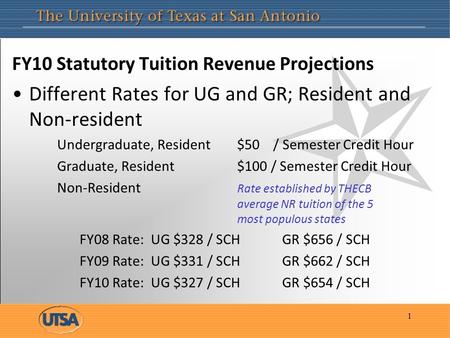 FY10 Statutory Tuition Revenue Projections Different Rates for UG and GR; Resident and Non-resident Undergraduate, Resident $50 / Semester Credit Hour.