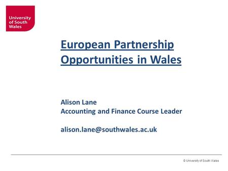 © University of South Wales European Partnership Opportunities in Wales Alison Lane Accounting and Finance Course Leader