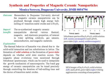 Synthesis and Properties of Magnetic Ceramic Nanoparticles Monica Sorescu, Duquesne University, DMR 0854794 Outcome Researchers in Duquesne University.