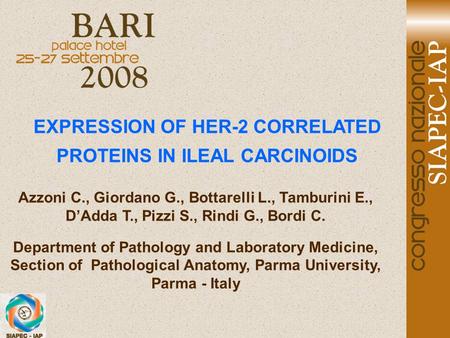 EXPRESSION OF HER-2 CORRELATED PROTEINS IN ILEAL CARCINOIDS Azzoni C., Giordano G., Bottarelli L., Tamburini E., D’Adda T., Pizzi S., Rindi G., Bordi C.