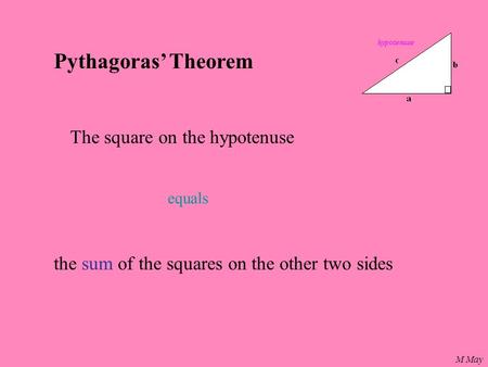 M May Pythagoras’ Theorem The square on the hypotenuse equals the sum of the squares on the other two sides.