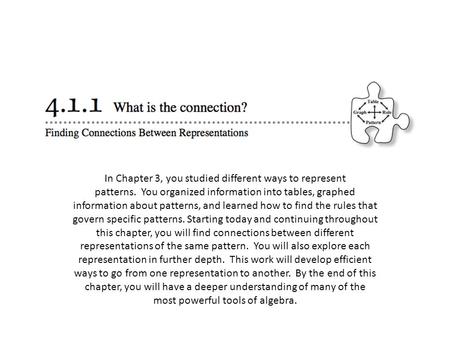 In Chapter 3, you studied different ways to represent patterns. You organized information into tables, graphed information about patterns, and learned.