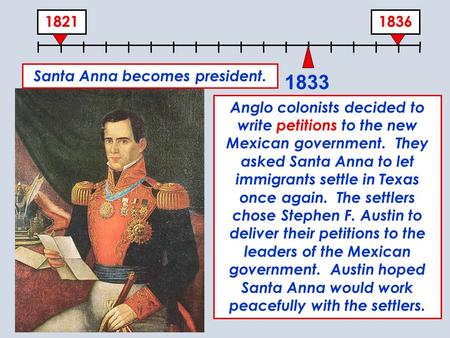 18361821 1833 Santa Anna becomes president. Anglo colonists decided to write petitions to the new Mexican government. They asked Santa Anna to let immigrants.