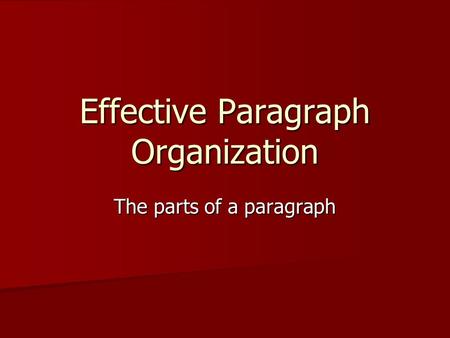 Effective Paragraph Organization The parts of a paragraph.