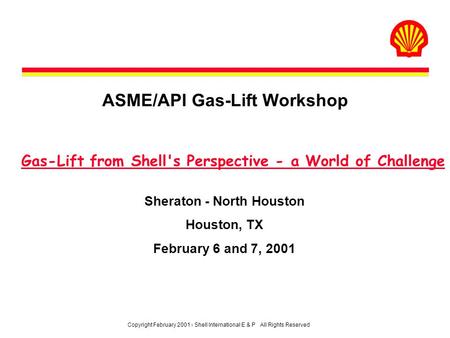 Copyright February 2001 - Shell International E & P All Rights Reserved ASME/API Gas-Lift Workshop Sheraton - North Houston Houston, TX February 6 and.