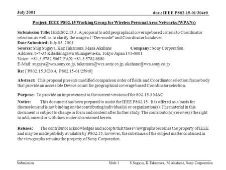 Doc.: IEEE P802.15-01/304r0 Submission July 2001 S.Sugaya, K.Takamura, M.Akahane, Sony CorporationSlide 1 Project: IEEE P802.15 Working Group for Wireless.
