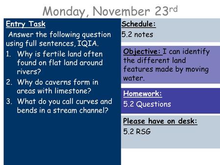 Monday, November 23 rd Entry Task Answer the following question using full sentences, IQIA. 1.Why is fertile land often found on flat land around rivers?