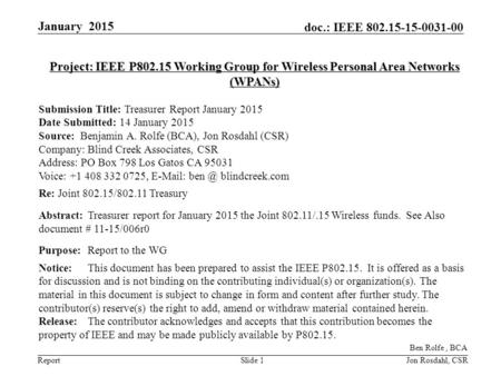 Report doc.: IEEE 802.15-15-0031-00 January 2015 Slide 1 Project: IEEE P802.15 Working Group for Wireless Personal Area Networks (WPANs) Submission Title:
