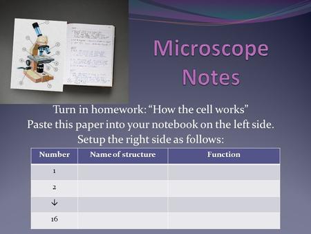 Turn in homework: “How the cell works” Paste this paper into your notebook on the left side. Setup the right side as follows:Number Name of structure Function.