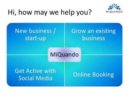 Hi, how may we help you? New business / start-up Grow an existing business Get Active with Social Media Online Booking MiQuando.