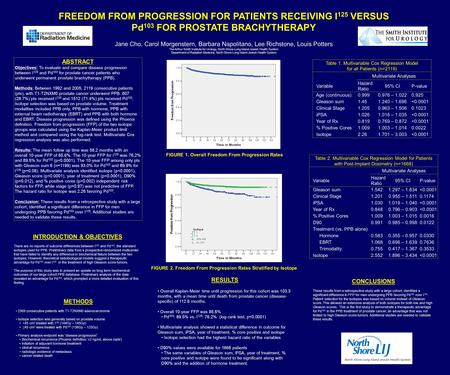 FREEDOM FROM PROGRESSION FOR PATIENTS RECEIVING I 125 VERSUS Pd 103 FOR PROSTATE BRACHYTHERAPY Jane Cho, Carol Morgenstern, Barbara Napolitano, Lee Richstone,