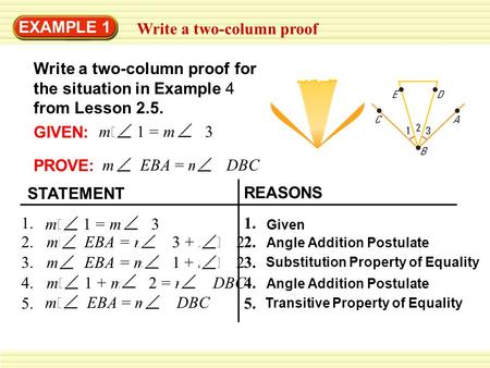 EXAMPLE 1 Write a two-column proof Write a two-column proof for the situation in Example 4 from Lesson 2.5. GIVEN: m  1 = m  3 PROVE: m 