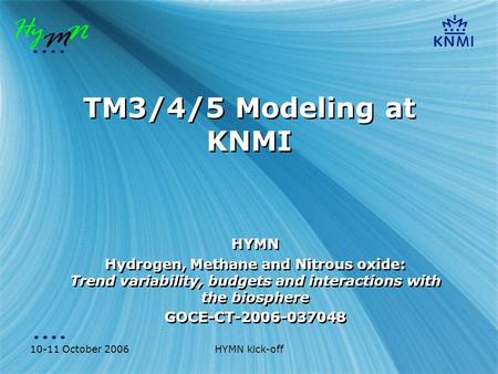 10-11 October 2006HYMN kick-off TM3/4/5 Modeling at KNMI HYMN Hydrogen, Methane and Nitrous oxide: Trend variability, budgets and interactions with the.