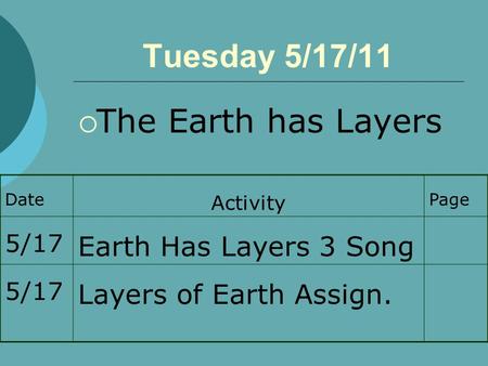 Tuesday 5/17/11  The Earth has Layers Date Activity Page 5/17 Earth Has Layers 3 Song 5/17 Layers of Earth Assign.