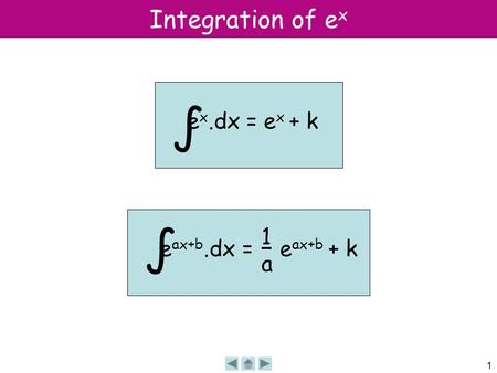 Integration of ex ∫ ex.dx = ex + k ∫ eax+b.dx = eax+b + k 1 a.